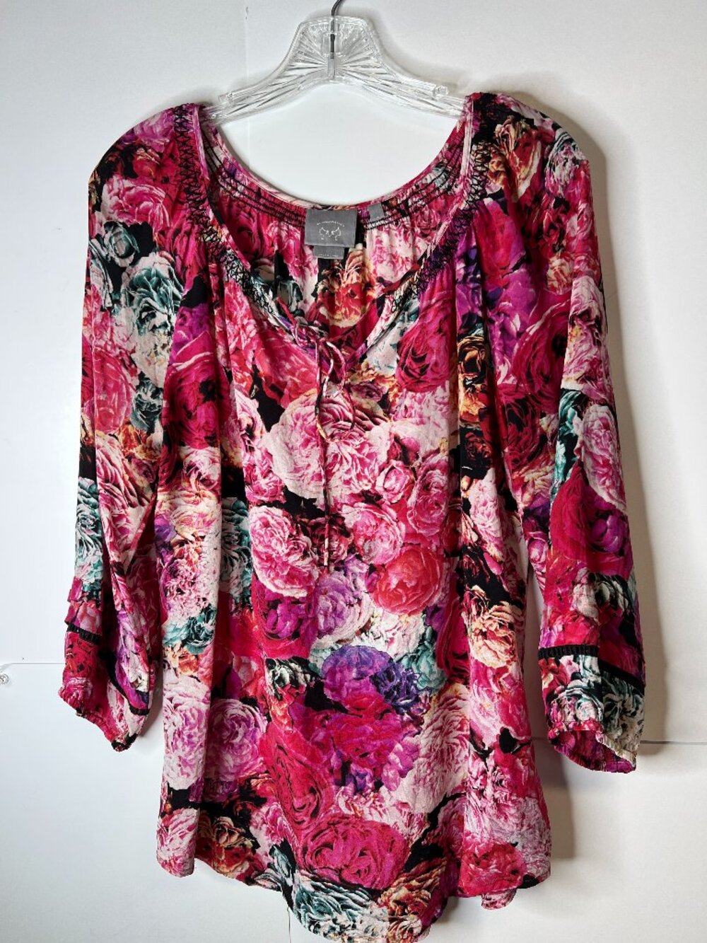 Vanessa Virginia Women's Medium Pink Floral Silk Peasant Top 3/4 Sleeve Blouse